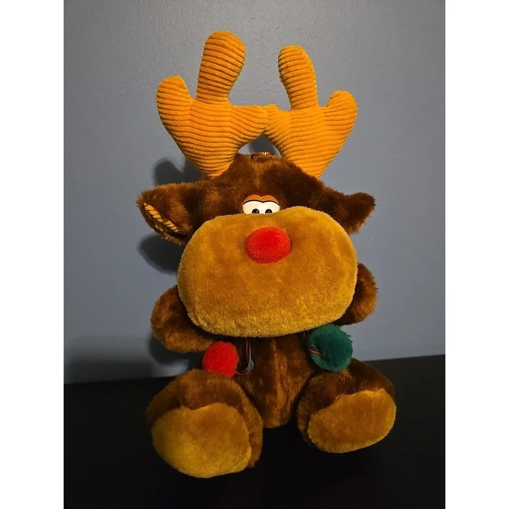 Vintage‎ Reindeer Plush Corduroy Antlers Red Green Christmas 10